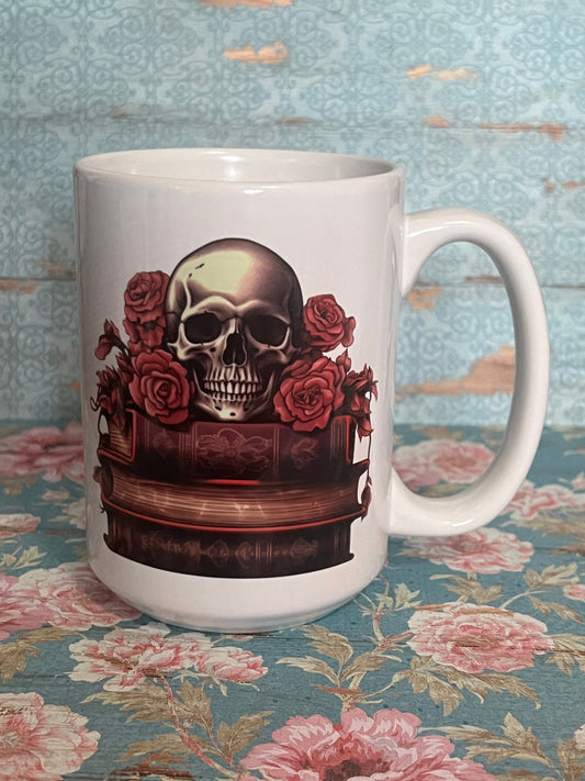 Books and skull mug
